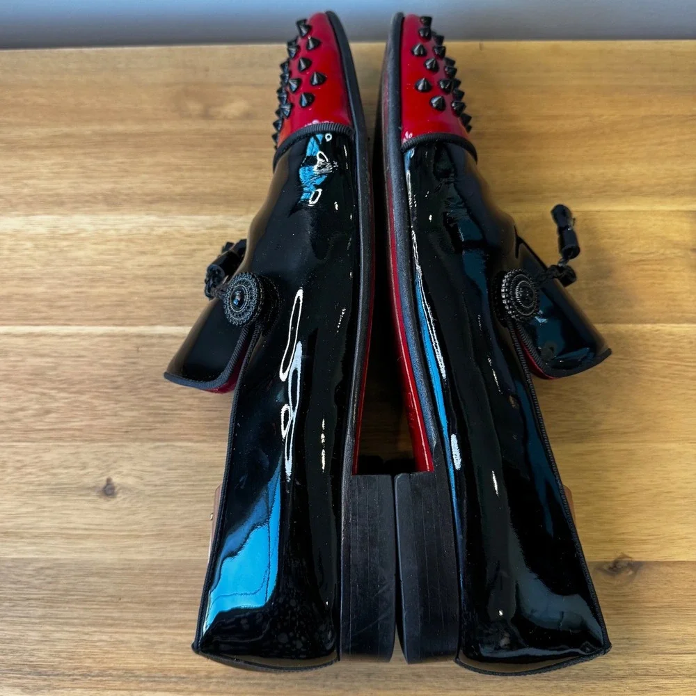 Vercini Men EU 43 Black Red Studded Spiked Patent Leather Loafers Tassel Shoes